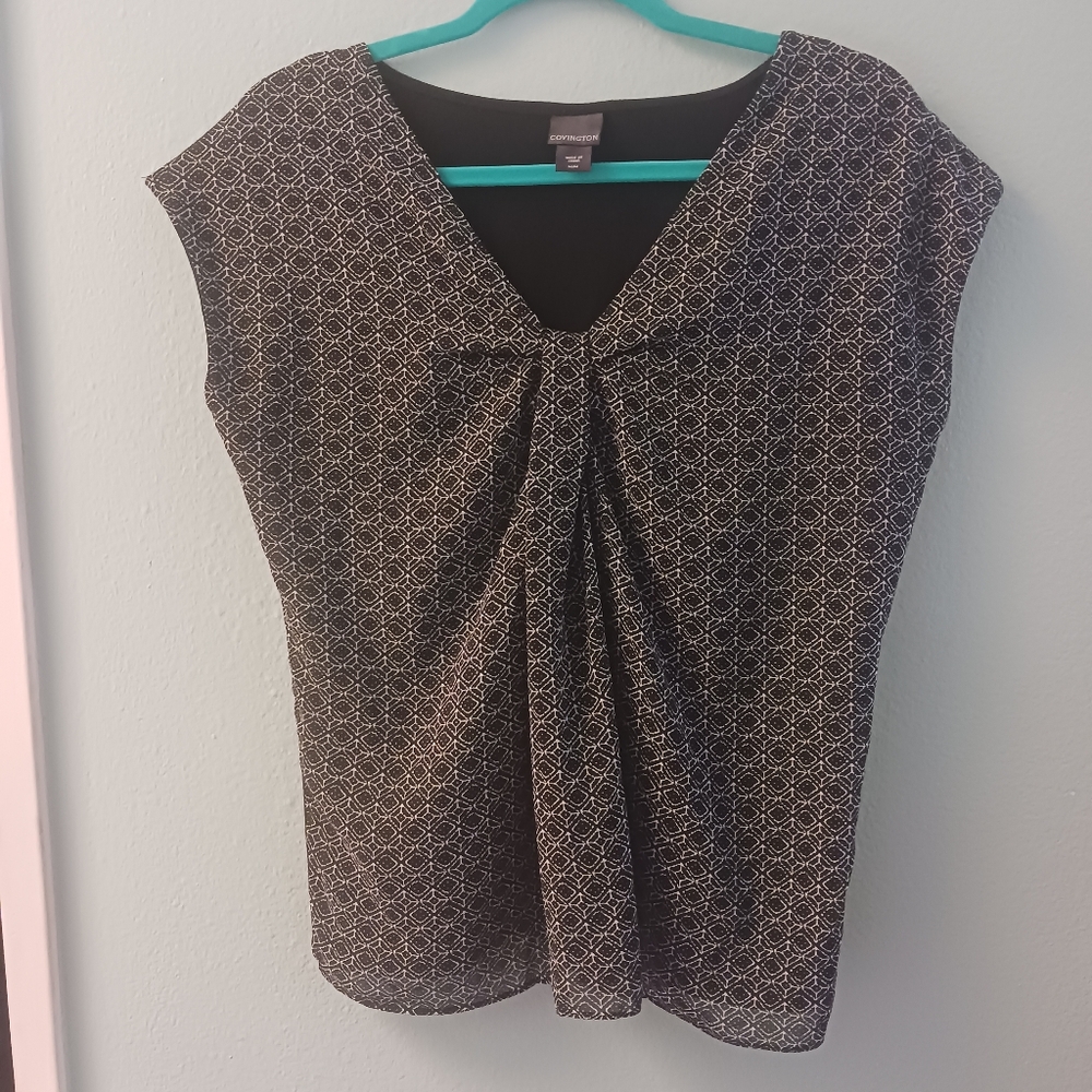 Black/White Covington Short Sleeve twist Front Blouse | Size Med